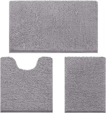 Bathroom Rug Set 3 Piece Chenille Non Slip Absorbent Grey