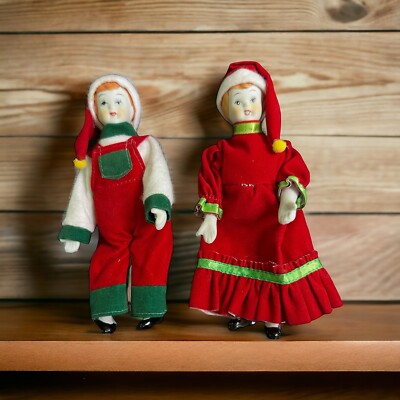 Vintage Emson Porcelain Christmas Posable Dolls Santa Hats 7  Set Of 2