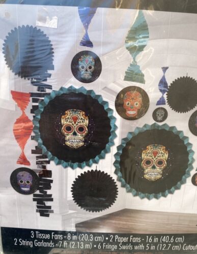 Day Of The Dead Halloween Skulls Amscan Decorating Kit Fan Garland Party Decor