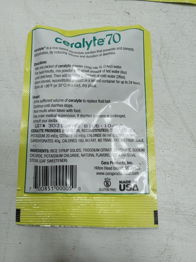 Lot of 10 CERALYTE-70: RICE-BASED ORAL ELECTROLYTE DRINK MIX-50g ...