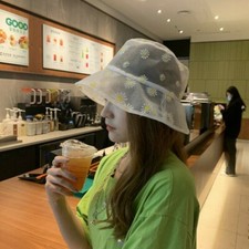 Women Floral Daisy Bucket Hat Mesh Lace Fishing Bush Cap Summer Sheer Sun