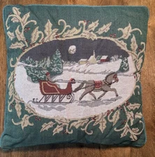 Vintage tapestry pillow winter horse sleigh ride Christmas Pillow Green