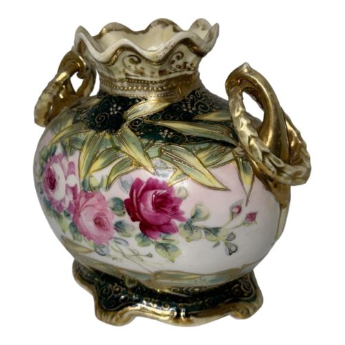 Vintage Victorian Nippon Hand Painted Gold Gilt Footed China Vase w/Pink Roses - Picture 9 of 15