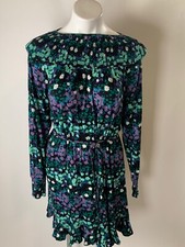 Ann Taylor LOFT Black Purple Green Floral Smocked Tie Waist Dress Small