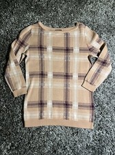 Ann Taylor Factory Tan White Maroon Plaid Pullover Sweater Womens Small EUC