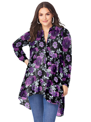 Roamans lila komplizierte Blumenmuster-Fit-and-Flare Crinkle Tunika UK 14-34 UVP £ 63