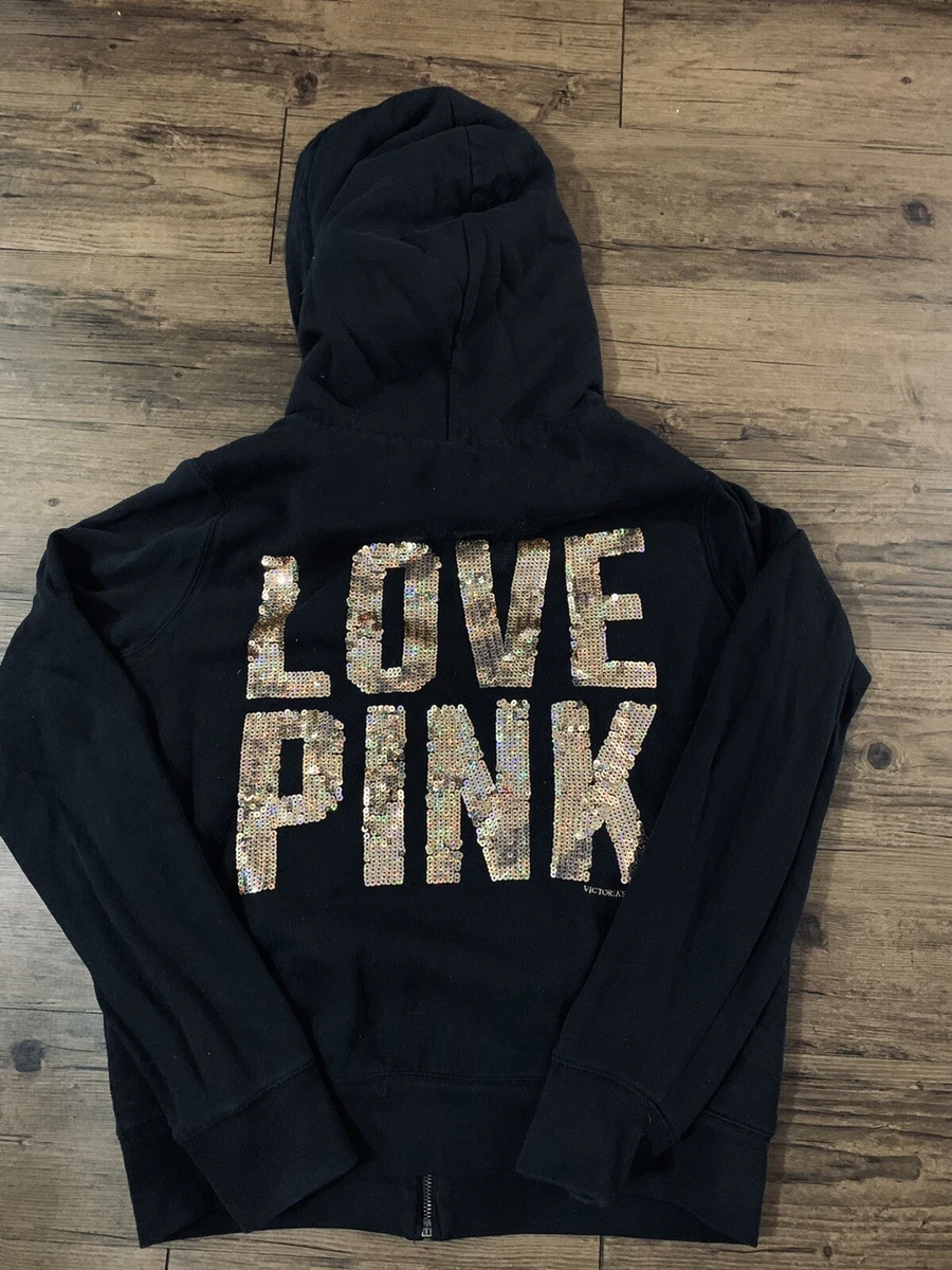 VICTORIA'S SECRET Fur Hoodie Love Pink Bling Zip PINK Medium