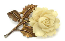 White Rose Shaped Brooch - Signed Vintage AJ C Rose Flower Pin