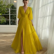 Prom Dresses Deep V-Neck Half Sleeves Women Formal Evening Gowns Buttons Front