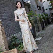 Chinese Style Fishtail Evening Fit Flare Dress Catwalk Female Cheongsam Long