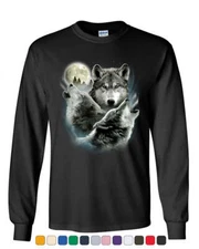 Howling Wolf Pack Long Sleeve T-Shirt Wild Wilderness Animals Nature Moon Tee