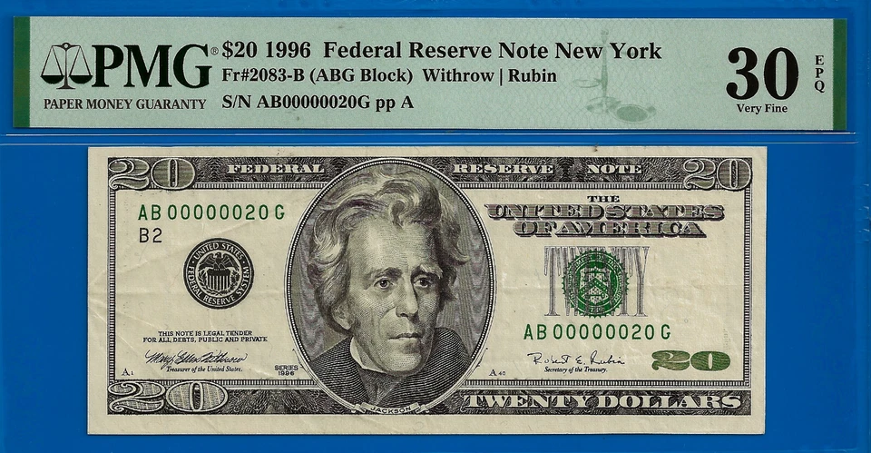 1996 $20 Federal Resrve Note PMG 30EPQ fancy birthday low serial number 20 - Image 2 of 3