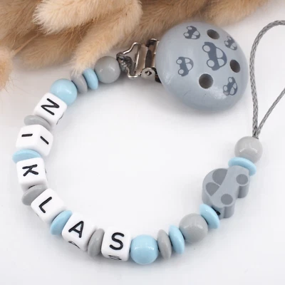 MOTZISBUNTEWELT Schnullerkette mit Namen ★ AUTO ★ Junge hellblau hellgrau Babygeschenk Geburt