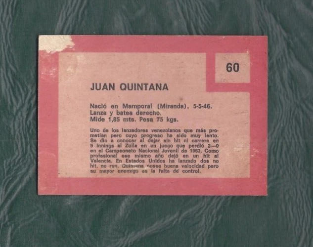 1967 Topps Venezuelan baseball card #60 Juan Quintana La Guaira GOOD back damage - Image 2 of 2