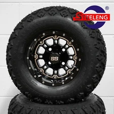 GOLF CART 10" BLACK PANTHER WHEELS/RIMS and 20x10-10 ALL TERRAIN DOT TIRES (4) 