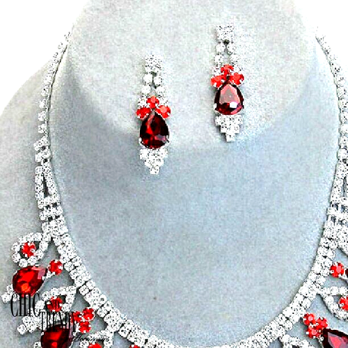 HIGH END RED & CLEAR CRYSTAL PROM, WEDDING FORMAL NECKLACE JEWELRY SET - Picture 3 of 5