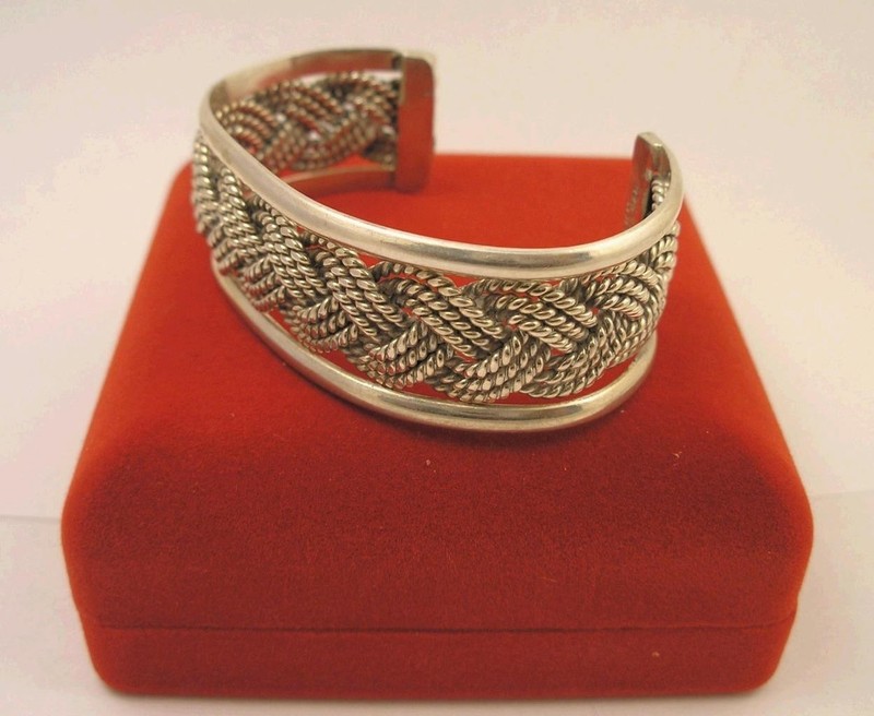 Vintage sterling silver braided Mexico cuff bracelet 9 1/2 to 7 1/2 adjustable