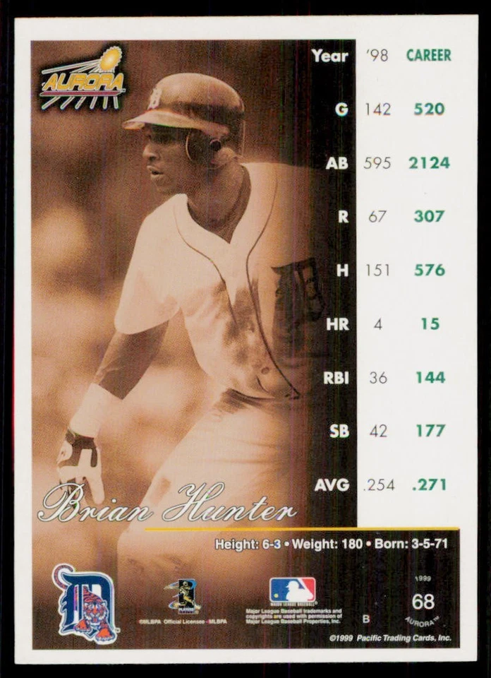 1999 Pacific Aurora #68 Brian Hunter Detroit Tigers Baseball Card - Image 2 of 2