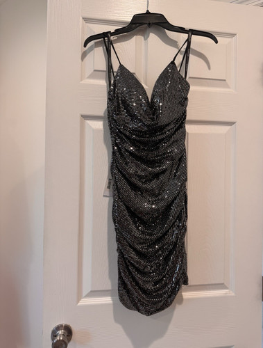 NWT Jovani Size 0 Dark Gray Sequin V-Neck Strappy Ruched Mini Bodycon Dress
