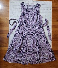 Talbots Poplin Fit & Flare Medallion Print Dress Button Up Belted 12 Sleeveless