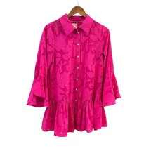 Milly Cabana Pink Swim Cover Up Dress Womens Size M Button Up Ruffle Preppy