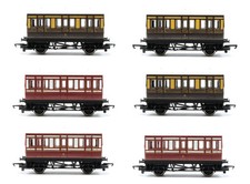HORNBY 'OO' GAUGE RAKE OF 6 3X R213 GWR & 3X R219 CALEDONIAN 4-WHEEL COACHES