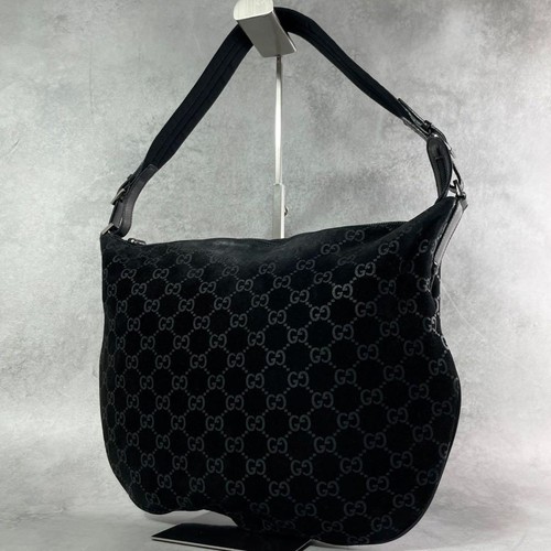 Gucci GG Pattern Leather Suede Black Tote Bag Pre-Owned Women Purse Designer
