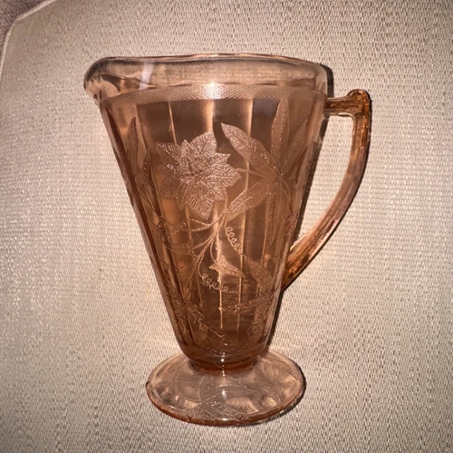 Jeannette Pitcher Footed Depression Glass Pink Poinsettia Floral 7 3/4" Tall