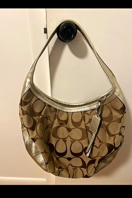 Coach Signature Beige/Brown Shoulder Bag, Zip, Silver Hardware, Blue Lined