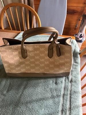 Michael Kors Monogram Satchel Top Handle Bag Beige MK Logo Double Handles