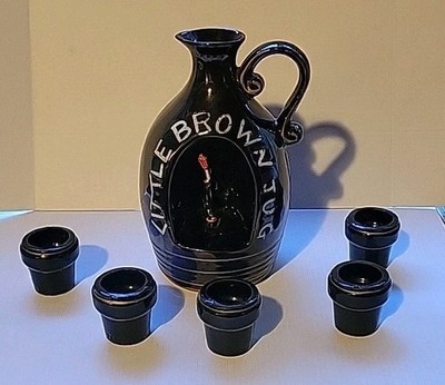 VTG The Little Brown Jug Decanter with Music Box -  5 Matching Cups - 7.5'' Tall