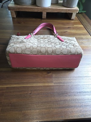 Coach F58283 Signature Canvas Tote Bag Khaki Pink Leather Trim Zip