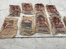 10 Vtg Burlap Potato Bags, California J Top, Palomino, RiverBend, Handels Pride