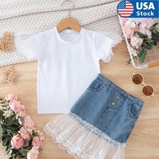 Newborn Baby Girls Ruffle Short Sleeved Tops Denim skirt Clothes Outfit Set
