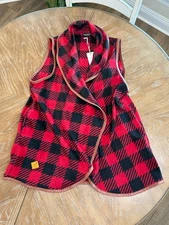 NWT Simply Southern Sleeveless Red Black Plaid Cardigan Vest Wrap With Pockets