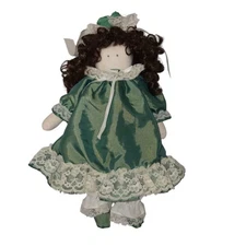 Vtg Homestead Kids Handmade Rag Doll Green Dress Brown Curly Hair 90's 14"