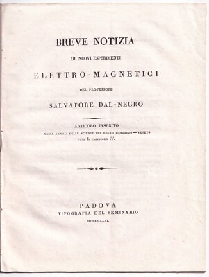 1831 Padova S. Dal Negro Electromagnetic Experiments Volta Electromagnetism 