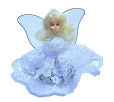 Vintage Kitsch Safety Pin Doll Blond Winged Angel Crown Beaded Tulle Lace Flower