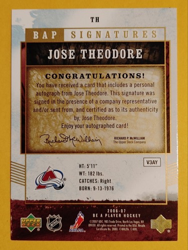 JOSE THEODORE 2006-07 BE A PLAYER AUTOGRAPH AUTO #TH COLORADO AVALANCHE NM-MT A2 - Picture 2 of 2