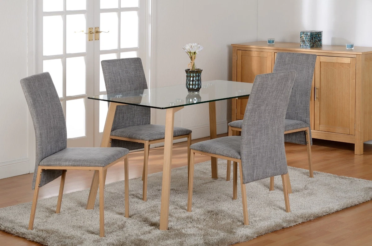 Morton 4 Seat Dining Set Table in Clear Glass Oak Effect Veneer