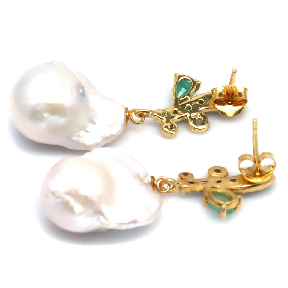 925 Sterlingsilber Weiß Barock Perle & Grün Smaragd Ohrringe 18K Vergoldet - Bild 3 von 4