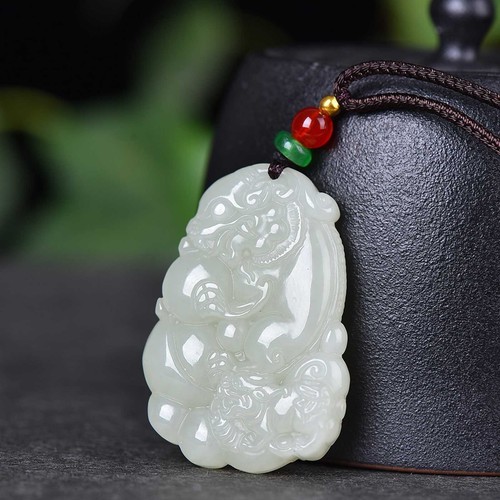Certified Natural Hetian Jade Hand-carved Pixiu Statue Necklace Pendant 1376 - Picture 3 of 6
