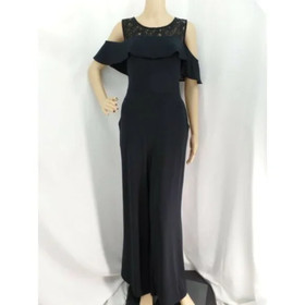 INC INTERNATIONAL CONCEPTS BLACK LACE NECK RUFFLED FLARED LEGS JUMPSUIT M NWT