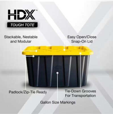 HDX. 27 Gal. Tough Storage Tote in Black and Yellow | eBay
