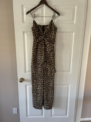 Zara Womens JumpSuit S Brown Leopard Animal Print Wide Leg Flowy