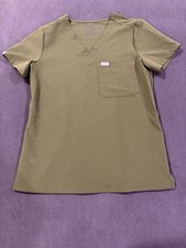 Figs Scrub Top Womens XS Olive Green Catarina One Pocket Logo Stretch V Neck