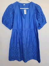 NWT Old Navy Womens Blue V Neck Eyelet Mini Dress 100% Cotton Size Medium 