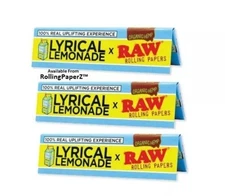 New! THREE Packs of LYRICAL LEMONADE X RAW KING SIZE ROLLING PAPERS ORGANIC HEMP