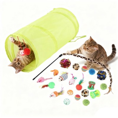 Interactive Indoor Cat Toys Collapsible Tunnel Fishing Pole Wand Feather Kit