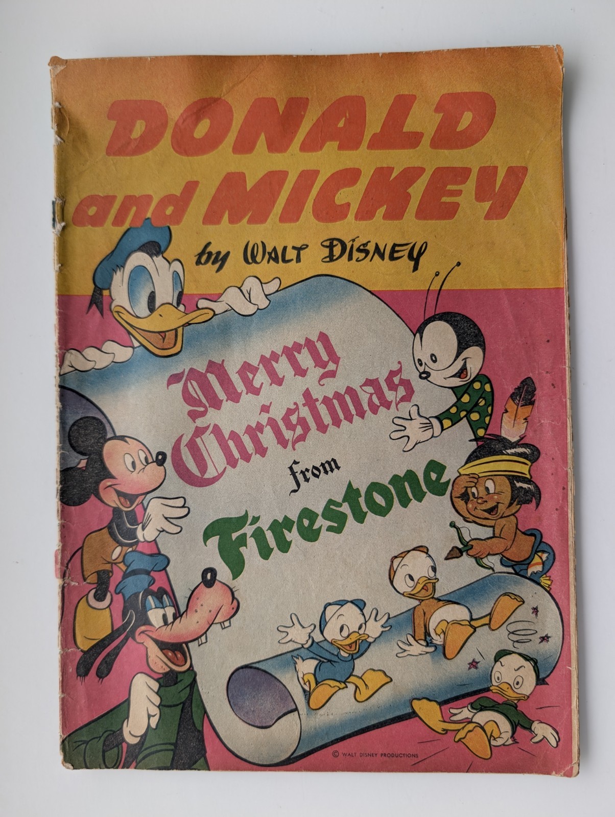 Donald & Mickey Feliz Navidad 1944 RARA cubierta de piedra de fuego y pliegue central separado